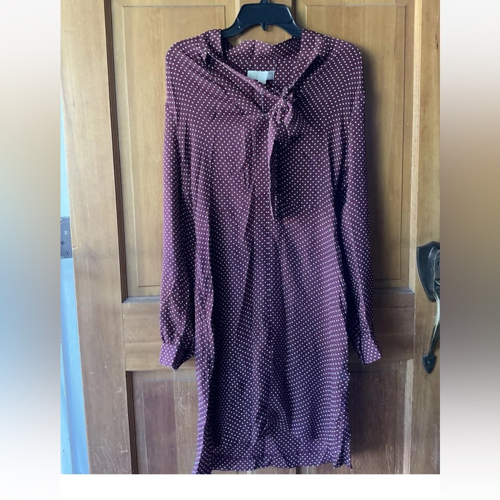 Michael Kors Dress | Polka Dot | Burgundy | Tie Neck | Long Sleeves